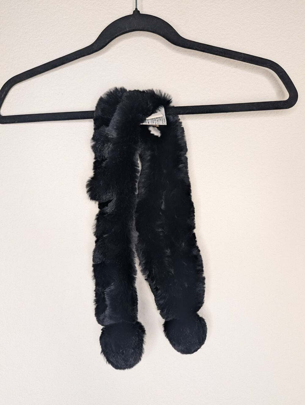100% Genuine Rabbit Fur Neck Head Scarf OS Black Adjustable Pompoms Soft Cozy